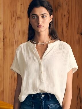 Faherty Dream Cotton Gauze White Desmond Top, L